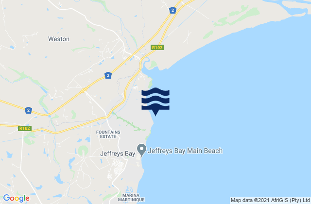 Mapa da tábua de marés em Jeffreys Bay (J-Bay), South Africa