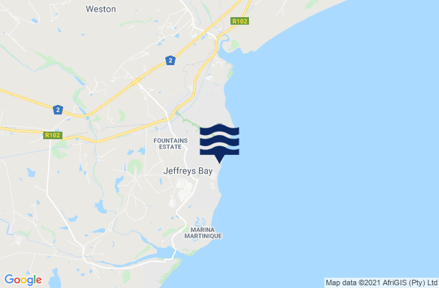Mapa da tábua de marés em Jeffreys Bay, South Africa