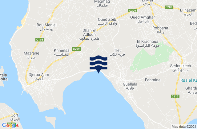 Mapa da tábua de marés em Jerba Ajim, Tunisia