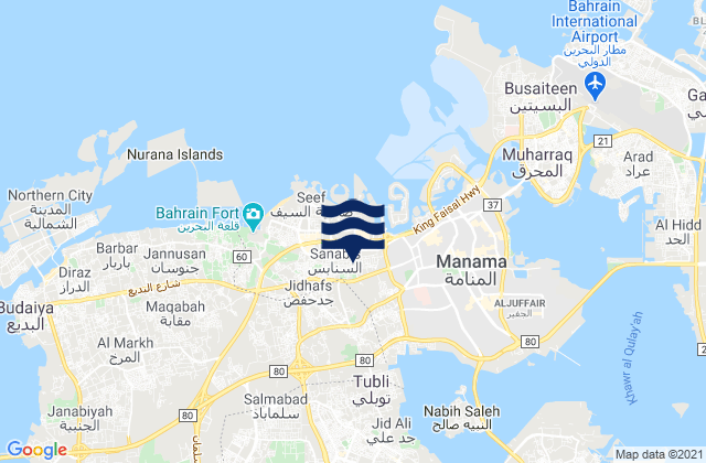 Mapa da tábua de marés em Jidd Ḩafş, Bahrain