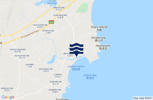 Mapa da tábua de marés em Jinghai, China