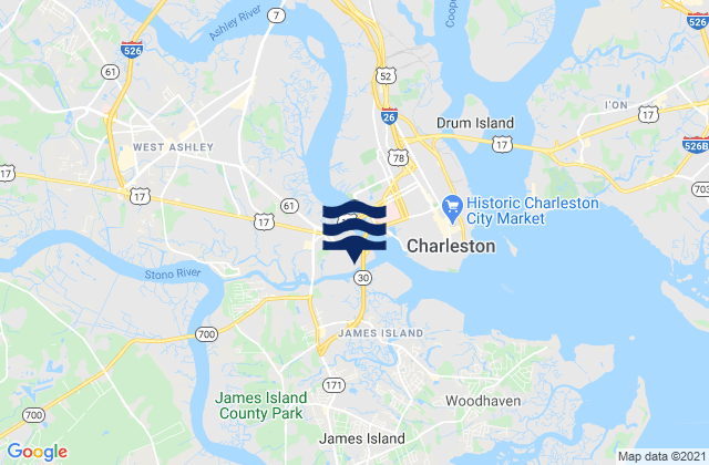 Mapa da tábua de marés em Johns Island Bridge, United States