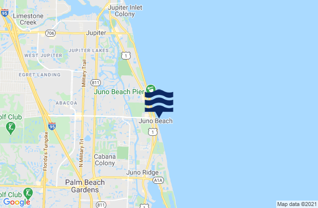 Mapa da tábua de marés em Juno Beach, United States