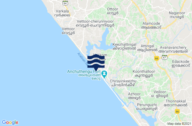 Mapa da tábua de marés em Kadakkavoor, India