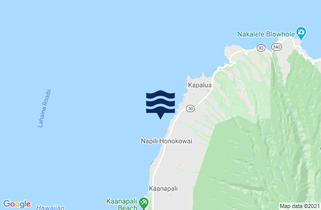 Mapa da tábua de marés em Kahana Beach, United States