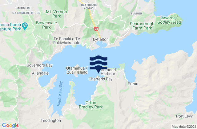 Mapa da tábua de marés em Kaioruru/Church Bay, New Zealand