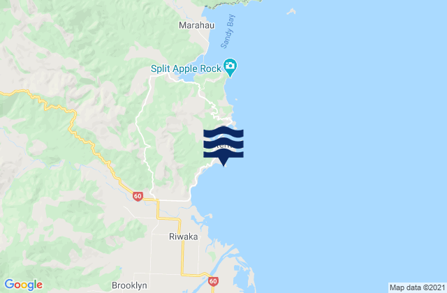 Mapa da tábua de marés em Kaiteriteri, New Zealand