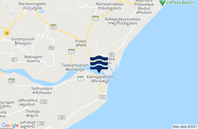 Mapa da tábua de marés em Kalingapatnam, India