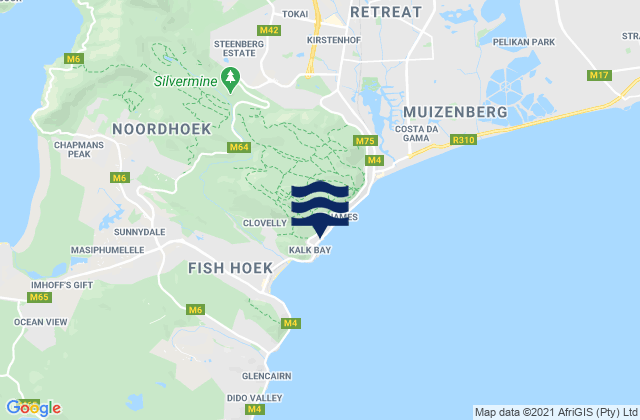 Mapa da tábua de marés em Kalk Bay Reef, South Africa