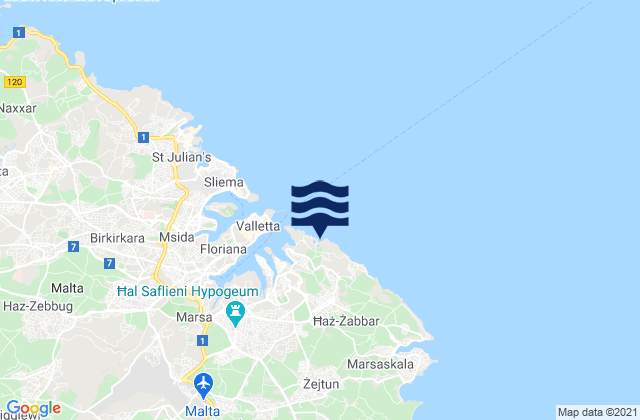 Mapa da tábua de marés em Kalkara, Malta