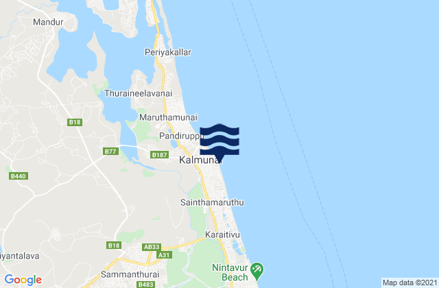 Mapa da tábua de marés em Kalmunai, Sri Lanka