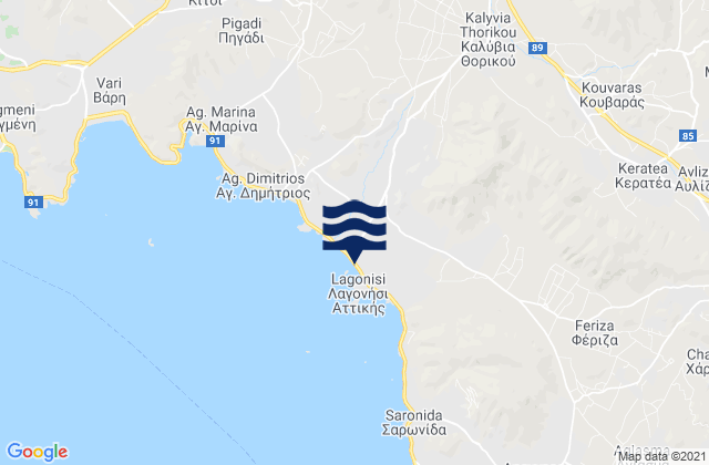 Mapa da tábua de marés em Kalývia Thorikoú, Greece