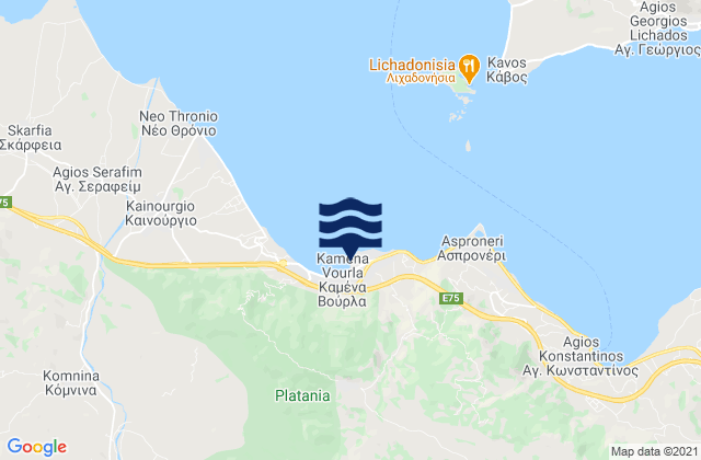 Mapa da tábua de marés em Kaména Voúrla, Greece