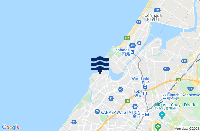 Mapa da tábua de marés em Kanazawa, Japan