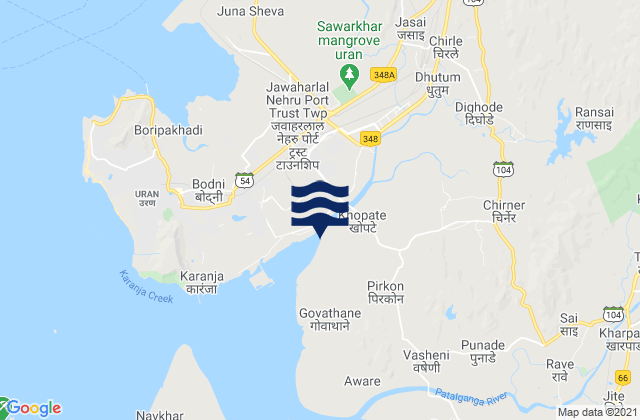 Mapa da tábua de marés em Karanja Creek, India