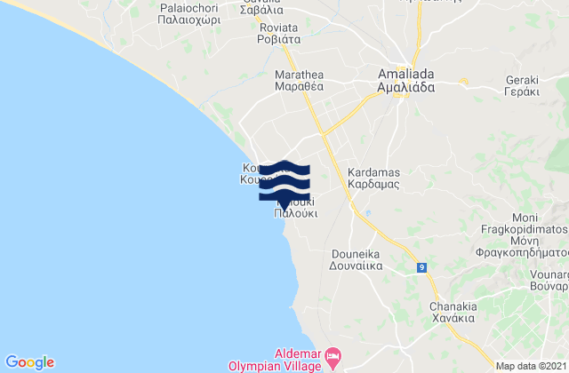 Mapa da tábua de marés em Kardamás, Greece
