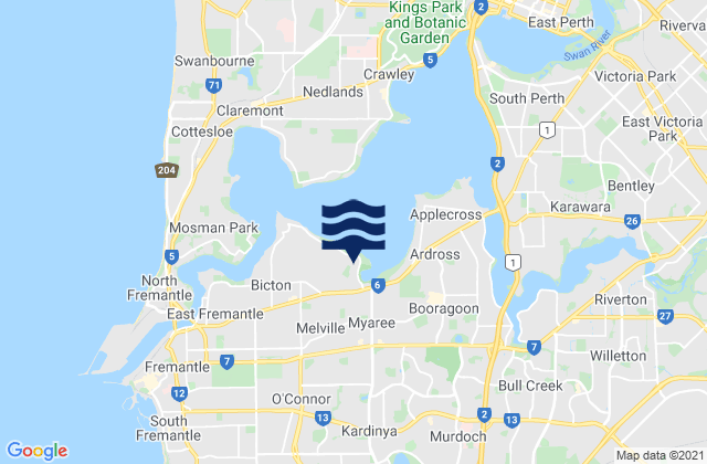 Mapa da tábua de marés em Kardinya, Australia