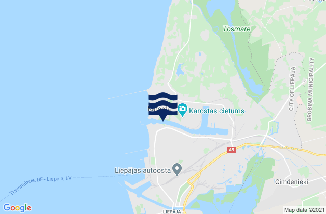 Mapa da tábua de marés em Karosta, Latvia