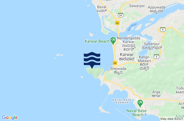 Mapa da tábua de marés em Karwar Bay, India