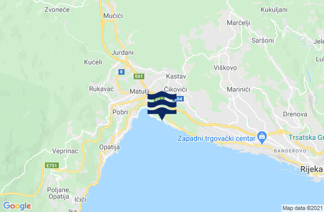 Mapa da tábua de marés em Kastav, Croatia