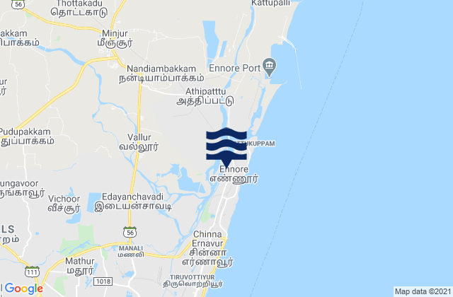 Mapa da tábua de marés em Kattivākkam, India
