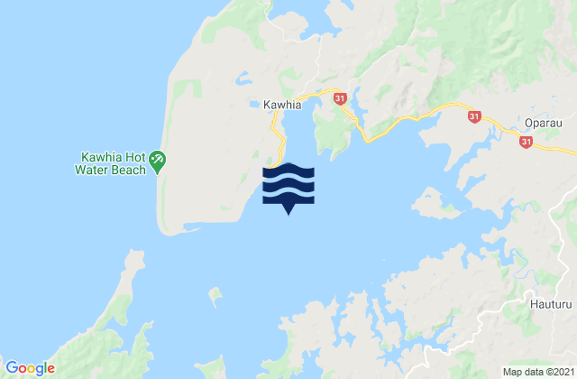 Mapa da tábua de marés em Kawhia Harbour, New Zealand