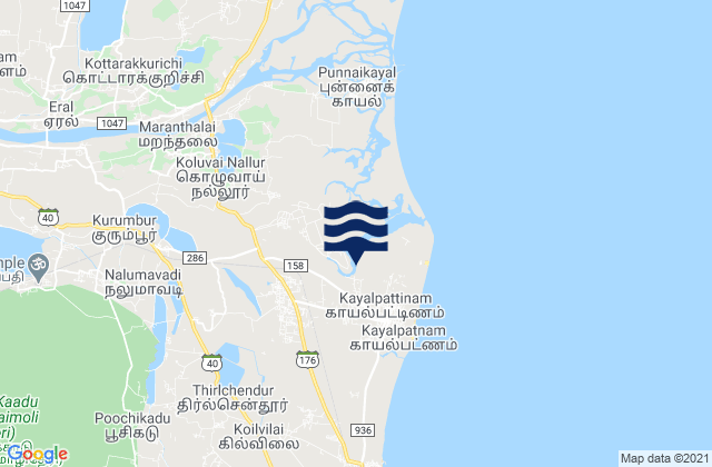 Mapa da tábua de marés em Kayalpattinam, India