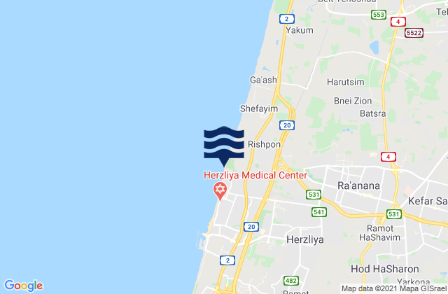 Mapa da tábua de marés em Kefar Shemaryahu, Israel