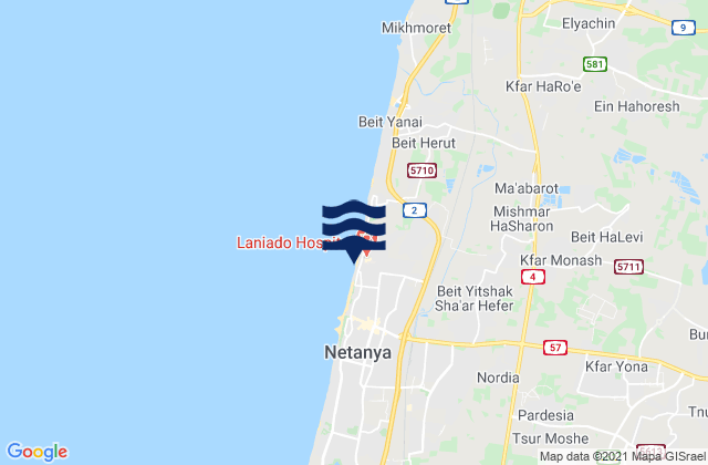 Mapa da tábua de marés em Kefar Yona, Israel
