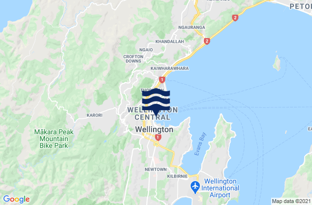Mapa da tábua de marés em Kelburn, New Zealand