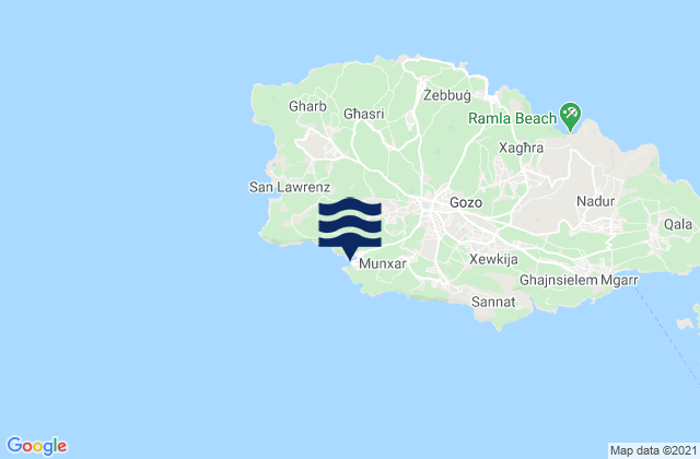 Mapa da tábua de marés em Kerċem, Malta