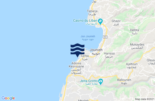 Mapa da tábua de marés em Keserwan District, Lebanon