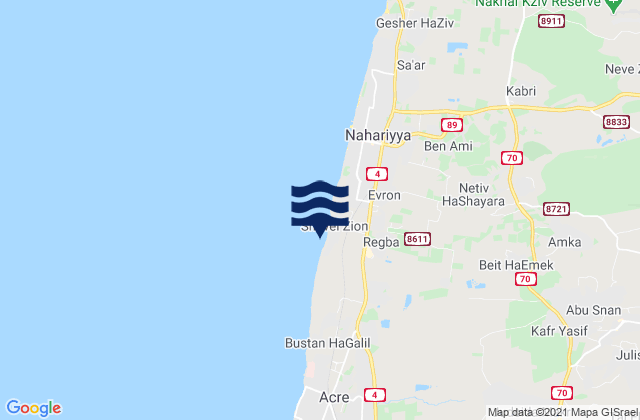 Mapa da tábua de marés em Kfar Yasif, Israel