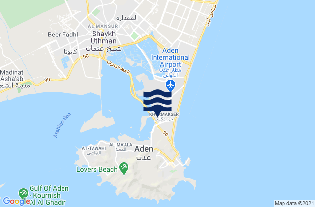 Mapa da tábua de marés em Khawr Maksar, Yemen
