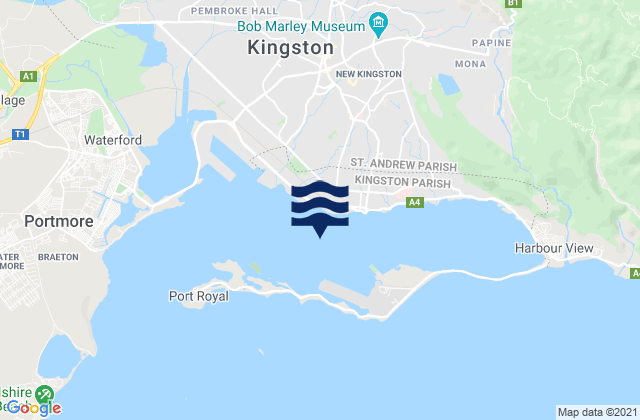 Mapa da tábua de marés em Kingston Harbour, Jamaica