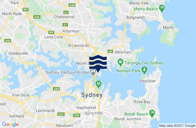 Mapa da tábua de marés em Kirribilli, Australia