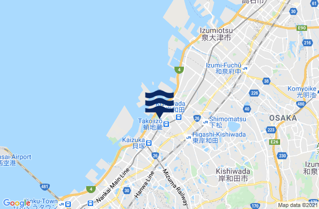 Mapa da tábua de marés em Kishiwada Shi, Japan