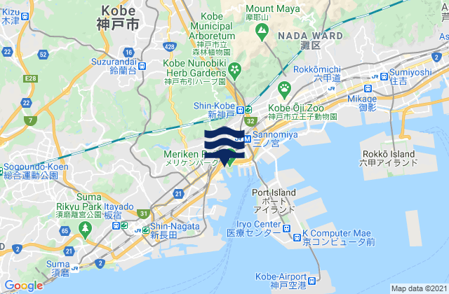 Mapa da tábua de marés em Kobe, Japan