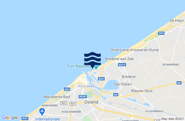 Mapa da tábua de marés em Koekelare, Belgium