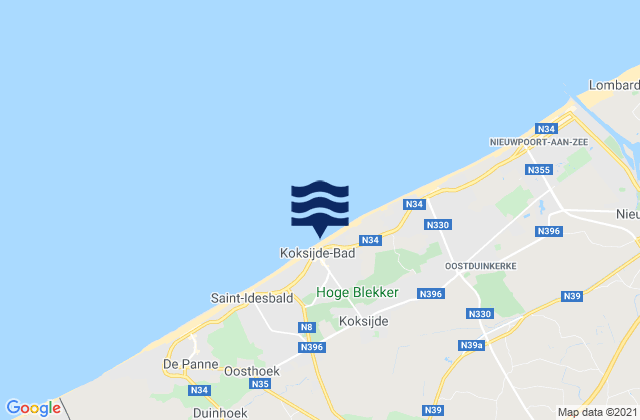 Mapa da tábua de marés em Koksijde, Belgium