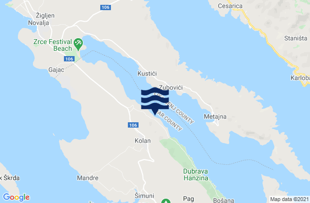 Mapa da tábua de marés em Kolan, Croatia