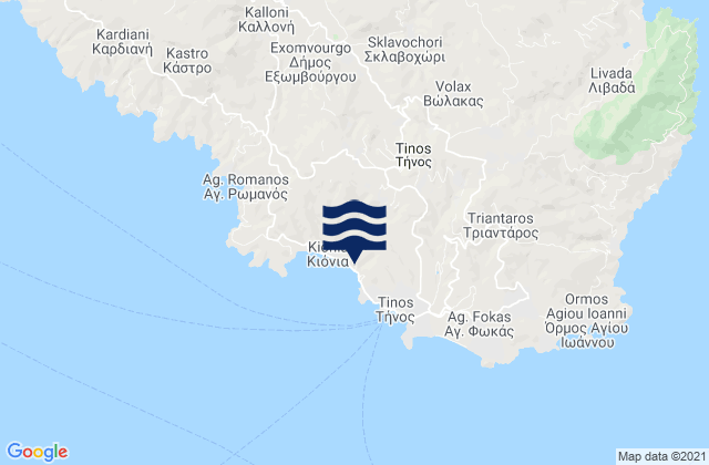 Mapa da tábua de marés em Kolimbithres West (Tinos), Greece