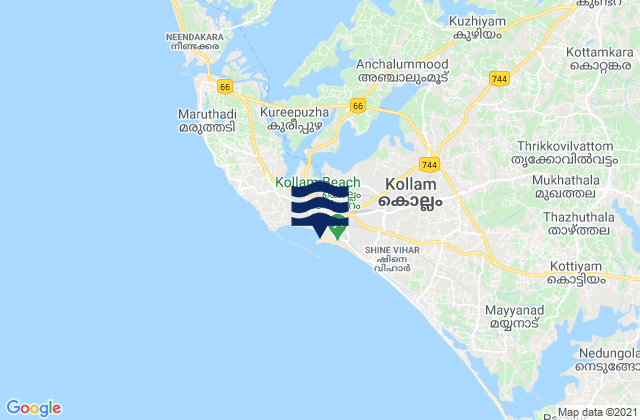 Mapa da tábua de marés em Kollam, India