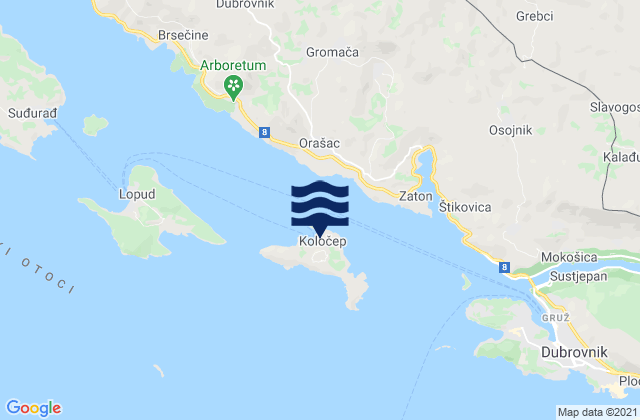 Mapa da tábua de marés em Kolocep, Croatia