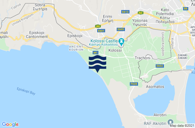 Mapa da tábua de marés em Kolóssi, Cyprus