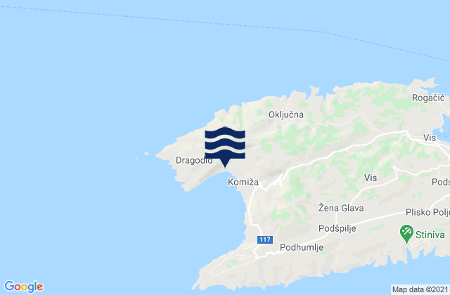 Mapa da tábua de marés em Komiza Vis Island, Croatia