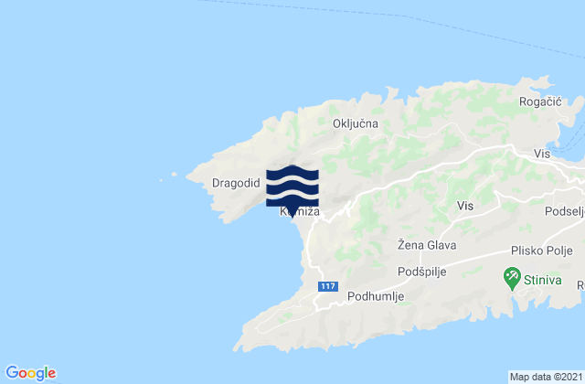 Mapa da tábua de marés em Komiža, Croatia
