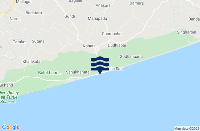 Mapa da tábua de marés em Konārka, India