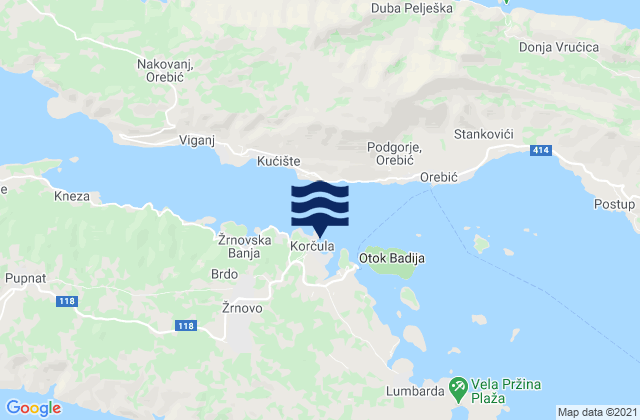 Mapa da tábua de marés em Korčula, Croatia