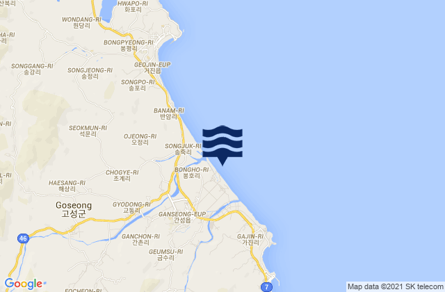 Mapa da tábua de marés em Kosong, South Korea
